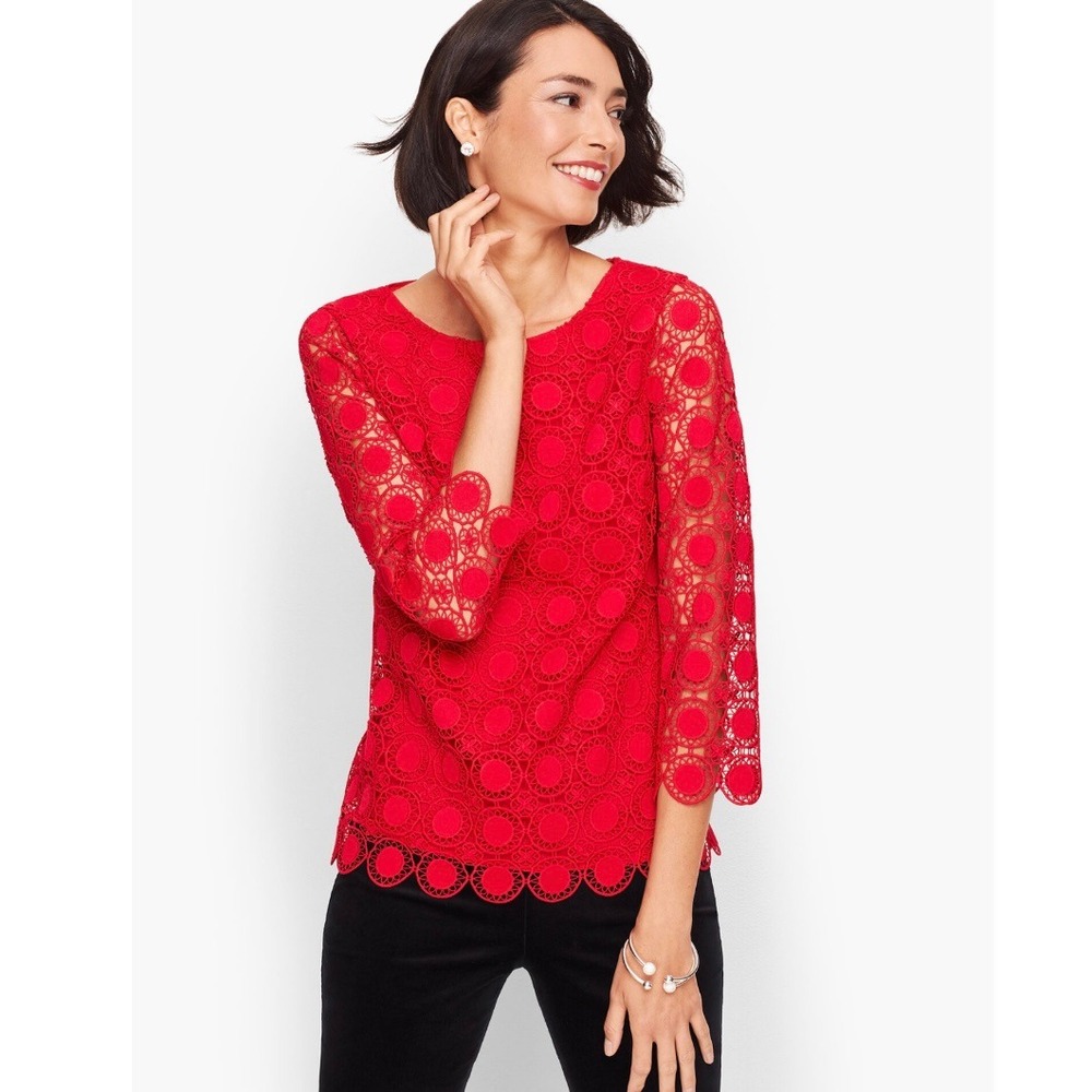 Talbots Red Medallion Lace Blouse Shirt Top 3/4 Sleeve Women's Large‎